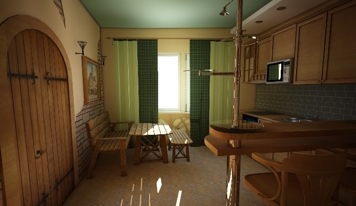 Кухня с зелеными шторами